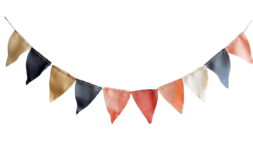 AI generated Party flag garland PNG. Colorful flag garland for birthday parties and other celebrations PNG. Colorful knitted party flags on a string PNG