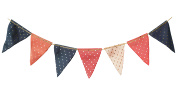 AI generated Party flag garland PNG. Colorful flag garland for birthday parties and other celebrations PNG. Colorful knitted party flags on a string PNG