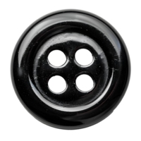 AI generated Plastic button PNG. Black 4-hole flat button for sewing and crafts PNG. Black plastic button top view isolated. clothing button flat lay PNG