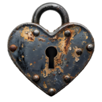 AI generated Heart shaped lock PNG. Rustic and old heart shaped lock. Old key lock PNG flat lay