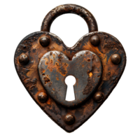 AI generated Heart shaped lock PNG. Rustic and old heart shaped lock. Old key lock PNG flat lay