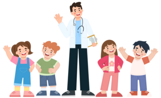 Illustration of children standing with the doctor png