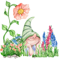 Composition of watercolor hand drawn cute Nordic Scandinavian gnomes and flowers and leaves watercolor illustration. png