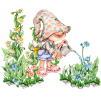 Composition of watercolor hand drawn cute Nordic Scandinavian gnomes and flowers and leaves watercolor illustration. png