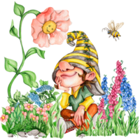 composition de aquarelle main tiré mignonne nordique scandinave gnomes et fleurs et feuilles aquarelle illustration. png