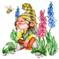 Composition of watercolor hand drawn cute Nordic Scandinavian gnomes and flowers and leaves watercolor illustration. png