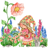 Komposition von Aquarell Hand gezeichnet süß nordisch skandinavisch Zwerge und Blumen und Blätter Aquarell Illustration. png