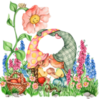 composição do aguarela mão desenhado fofa nórdico escandinavo gnomos e flores e folhas aguarela ilustração. png