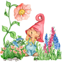 Composition of watercolor hand drawn cute Nordic Scandinavian gnomes and flowers and leaves watercolor illustration. png