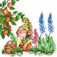 Composition of watercolor hand drawn cute Nordic Scandinavian gnomes and flowers and leaves watercolor illustration. png