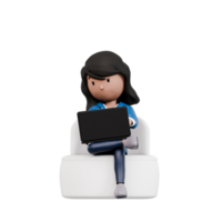 A woman is sitting on a couch with a laptop in front of her. She is focused on her work, possibly typing or browsing the internet. Concept of productivity and concentration png