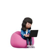 un' donna è seduta su un' rosa bolla sedia e utilizzando un' il computer portatile. lei è focalizzata su sua opera e lei è nel un' grave umore png
