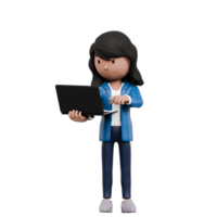 A woman is standing in front of a laptop computer. She is wearing a blue business suit png