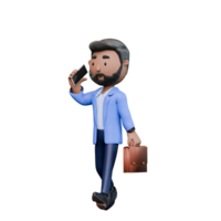 Businessman in a blue suit is talking on his cell phone while holding a briefcase. Concept of professionalism and busyness, as the man is likely on his way to or from work png