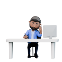 businessman is sitting at a desk with a computer and a pen. He is writing something on a piece of paper png