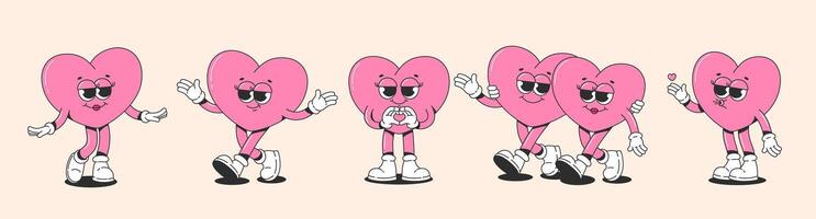 Groovy heart characters in retro cartoon style. Stickers in Love concept for Happy Valentines day. Vector illustration in y2k style.