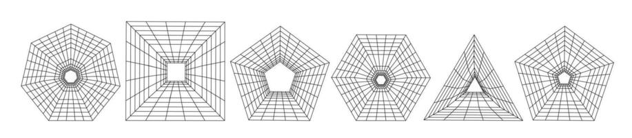 Set of wireframe tunnels in different shapes. Collection of lowpoly 3D polygonal wormhole. Grid Geometry vector illustration