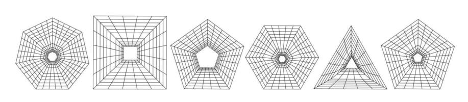 conjunto de estructura metálica túneles en diferente formas colección de lowpoly 3d poligonal agujero de gusano cuadrícula geometría vector ilustración