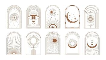 Set of boho arches with celestial bodies in a linear style. Moon, stars, sun, eyes in an esoteric frames. Mystic and astrology concept. Vector illustration.