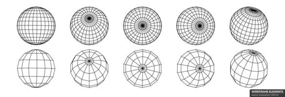 Set of wireframe spheres from different sides. Collection of lowpoly 3D polygonal shapes. Globe Grid Geometry vector illustration