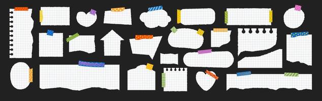 Pieces of ripped white square paper stuck on colorful washi tape strips. Torn notebook sheets of various shapes. vector