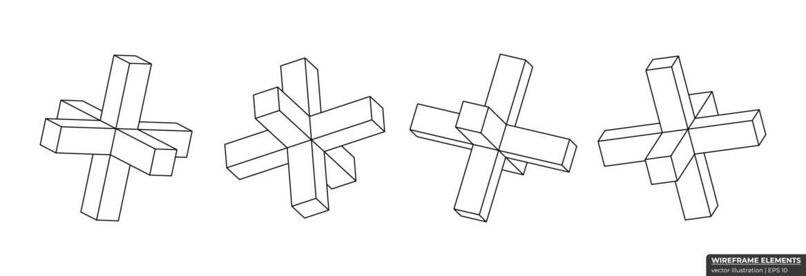 Set of wireframe crosshair from different sides. Collection of lowpoly 3D polygonal shapes. Cross Grid Geometry vector illustration