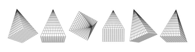 Geometric pyramids, wireframe. Cyberpunk elements consisting of a grid . Collection of lowpoly 3D polygonal shapes. vector