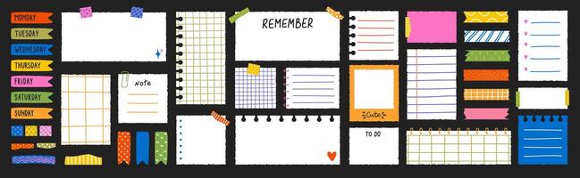 Paper sheets with torn edges for notes stuck on washi tape stripes. A set of stickers with the names of the days of the week. Information board for the daily planner vector