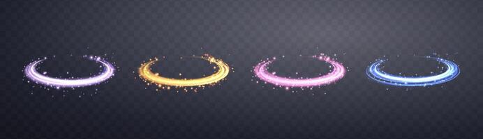 Glowing magic rings set. Neon realistic energy flare rings with sparkling particles. Abstract light effect on a dark background. Vector illustration.