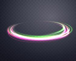 Glowing pink magic rings. Dynamic orbital flare halo ring. Neon realistic energy swoosh swirl. Abstract light effect on a dark background. Vector illustration.