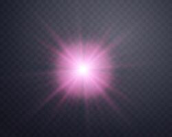 Sunlight lens flare, sun flash with rays and spotlight. Pink glowing burst explosion on a background. Vector illustration.