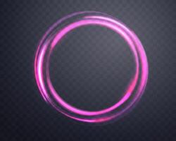 Pink magic ring with glowing. Neon realistic energy flare halo ring. Abstract light effect on a dark background. Vector illustration.