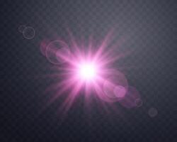 Sunlight lens flare, sun flash with rays and spotlight. Pink glowing burst explosion on a background. Vector illustration.