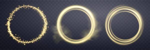 Gold magic ring with glowing. Neon realistic energy flare halo ring. Abstract light effect on a dark background. Vector illustration.