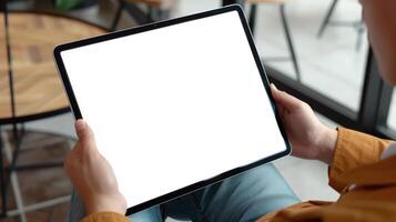 AI generated Person holding a tablet with white screen. Suitable for technology, education, digital concepts. Modern, blank, customizable, digital mockup design photo