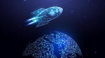 Wireframe polygonal rocket with globe map. Internet technology network, business startup concept with glowing low poly rocket. Futuristic abstract vector illustration.