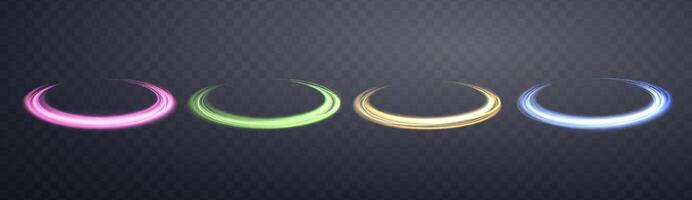 Glowing magic rings set. Neon realistic energy flare rings with sparkling particles. Abstract light effect on a dark background. Vector illustration.