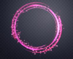 Pink magic ring with glowing. Neon realistic energy flare halo ring. Abstract light effect on a dark background. Vector illustration.