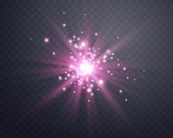 Sunlight lens flare, sun flash with rays and spotlight. Pink glowing burst explosion. Vector illustration.