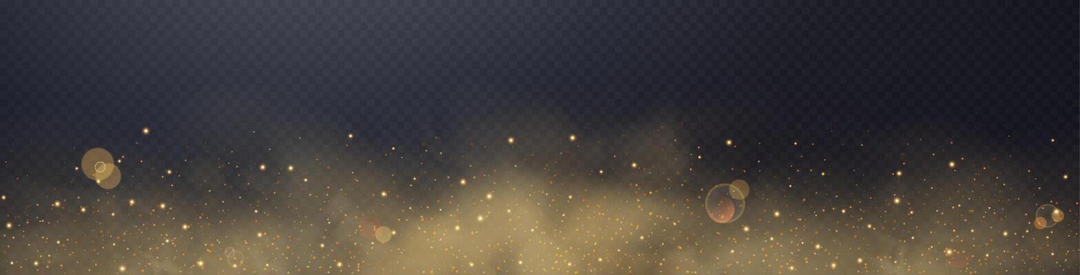 Orange glittering dots, particles, stars magic sparks. Dust cloud flare light effect. Orange luminous points with smoke. Vector particles on background