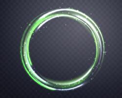 Silver and green glowing magic ring. Neon realistic energy flare halo ring. Abstract light effect on a dark background. Vector illustration.