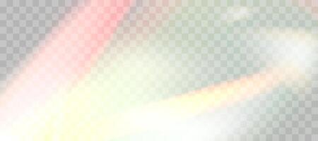 Blurred rainbow refraction overlay effect. Light lens prism effect transparent background. Holographic reflection, crystal flare leak shadow overlay. Vector abstract illustration.