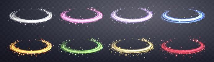 Glowing magic rings set. Neon realistic energy flare rings with sparkling particles. Abstract light effect on a dark background. Vector illustration.