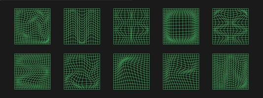 Set of distorted cyber grids. Cyberpunk geometry element y2k style. Isolated green mesh on black background. Vector fashion illustration.