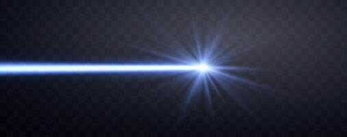 Blue horizontal laser beam. Neon line, presentation pointer. Blue glow flare light effect. Vector illustration. Isolated on dark background.