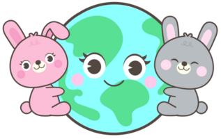 World Earth Day Cute Hand Drawn 2 rabbits protecting the world png