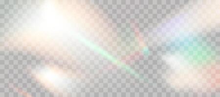 Blurred rainbow refraction overlay effect. Light lens prism effect. Holographic reflection, crystal flare leak shadow overlay. Vector abstract illustration.