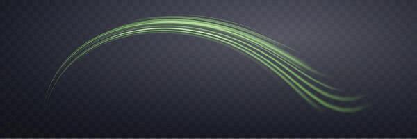 Glowing green lines. Neon realistic energy speed. Abstract light effect on a dark background. Vector illustration.