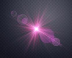 Sunlight lens flare, sun flash with rays and spotlight. Pink glowing burst explosion on a background. Vector illustration.