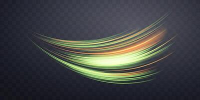 Glowing green and orange lines. Neon realistic energy speed. Abstract light effect on a dark  background. Vector illustration.